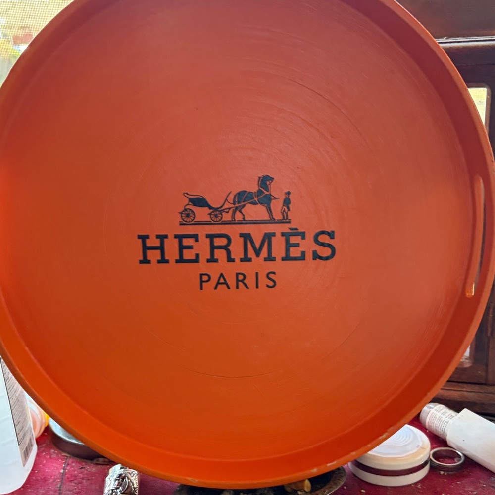 Hermes Orange Round Serving Tray with Black Logo